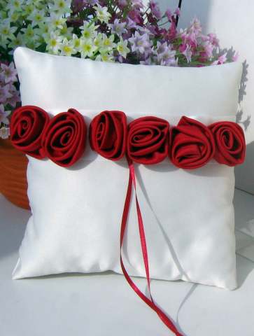 Wedding Day Ring Bearer Pillow -  6 Red Rosettes